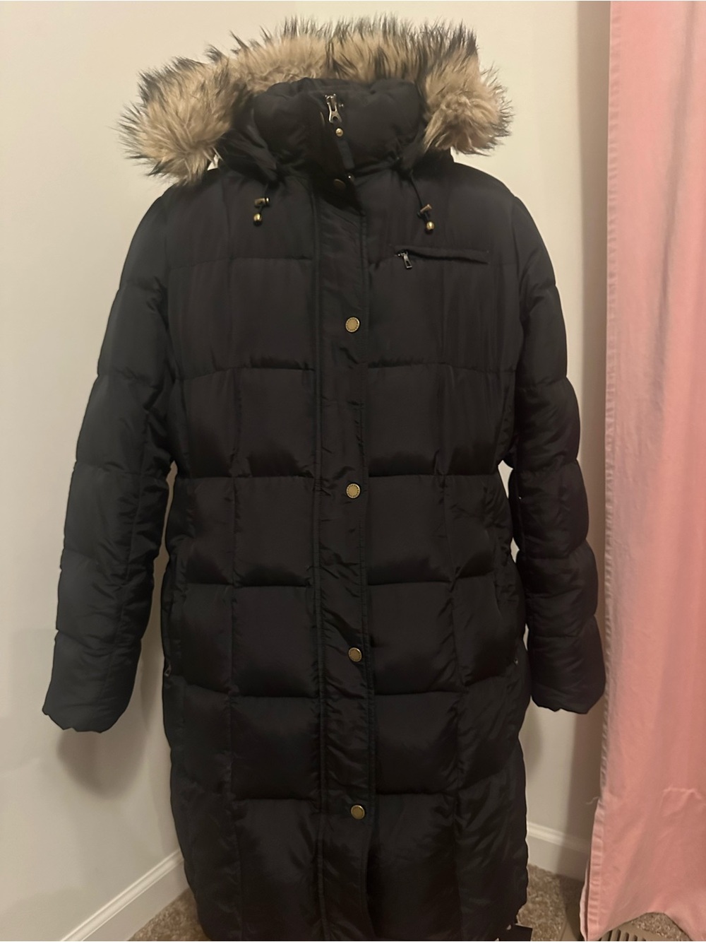 Land’s end Classic Black Quilted Puffer Coat with Faux Fur Hood
